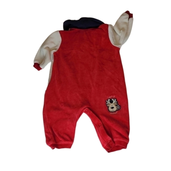 Vintage Winter Fleece Jumpsuit Outfit Reindeer Snow Red Tan, 3-6 Months Baby - Picture 2 of 6